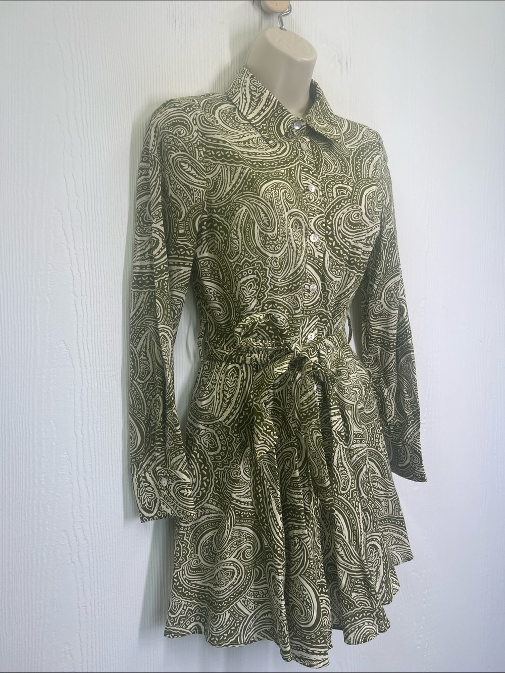 Zara - NWT Green And White Paisley Print Button Front Long Sleeve Mini Dress XS - Picture 3 of 11